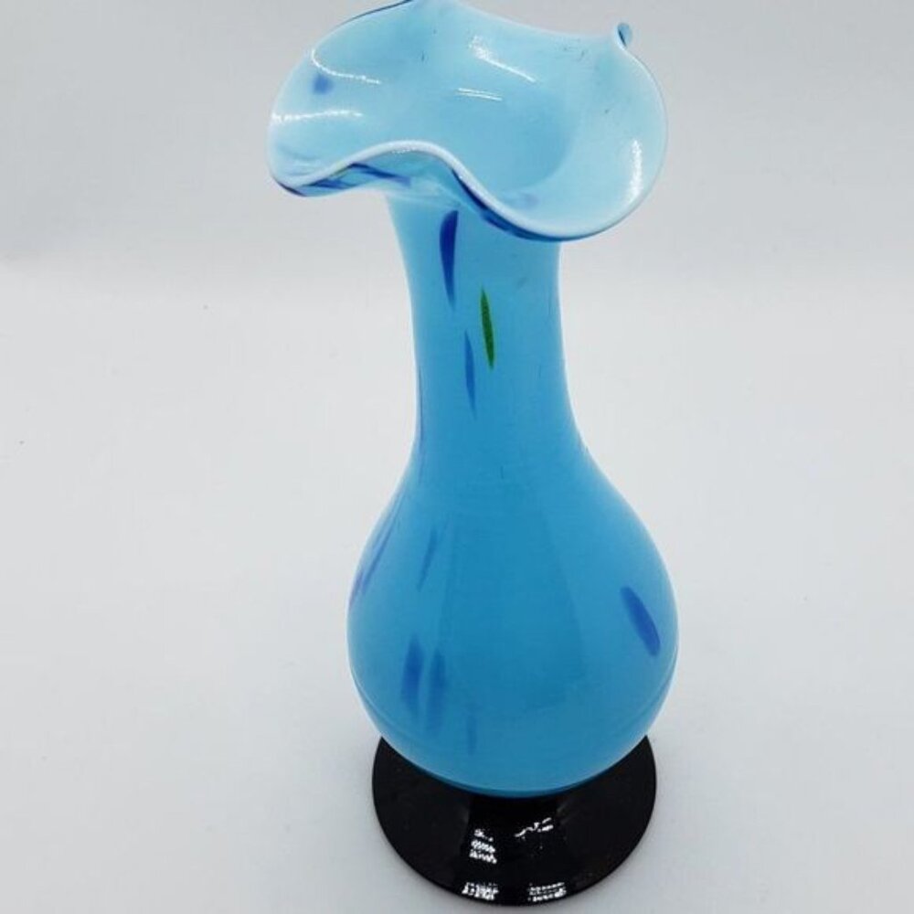 Cased Light Blue Glass Vase Black Pedestal Bottom